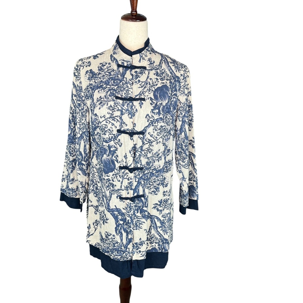 Soft Surroundings Blue Toile Linen Mandarin Collar Jacket Top Size M Chinoiserie